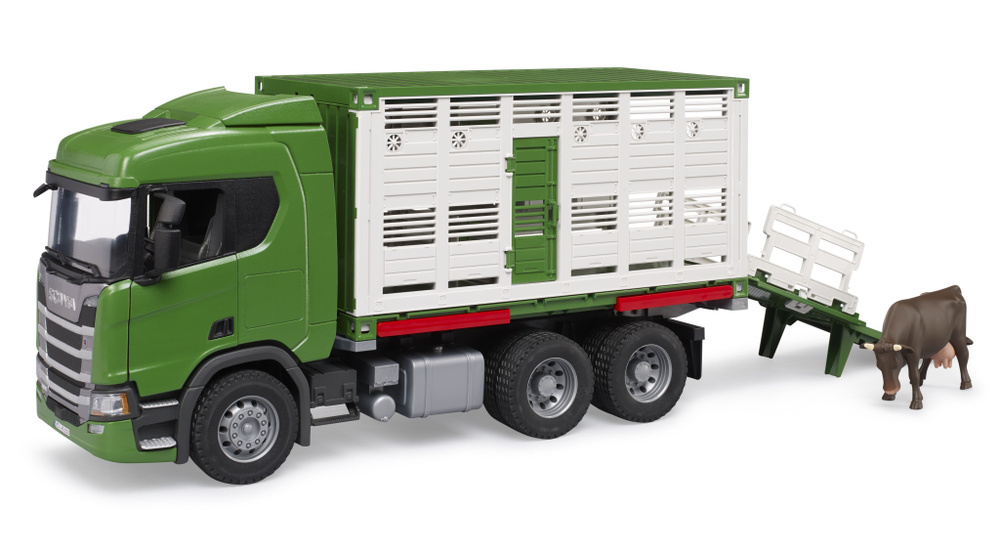 Машинка Bruder Грузовик Scania для перевозки животных с коровой (зелёный), Брудер,03-548 #1