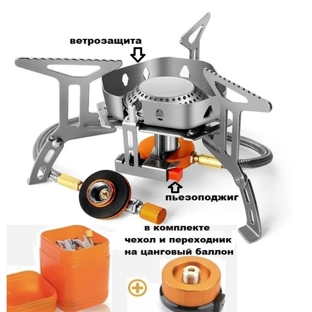 Плита туристическая с кейсом без баллона, походная газовая горелка с  адаптером под цанговый баллон и ветрозащитой