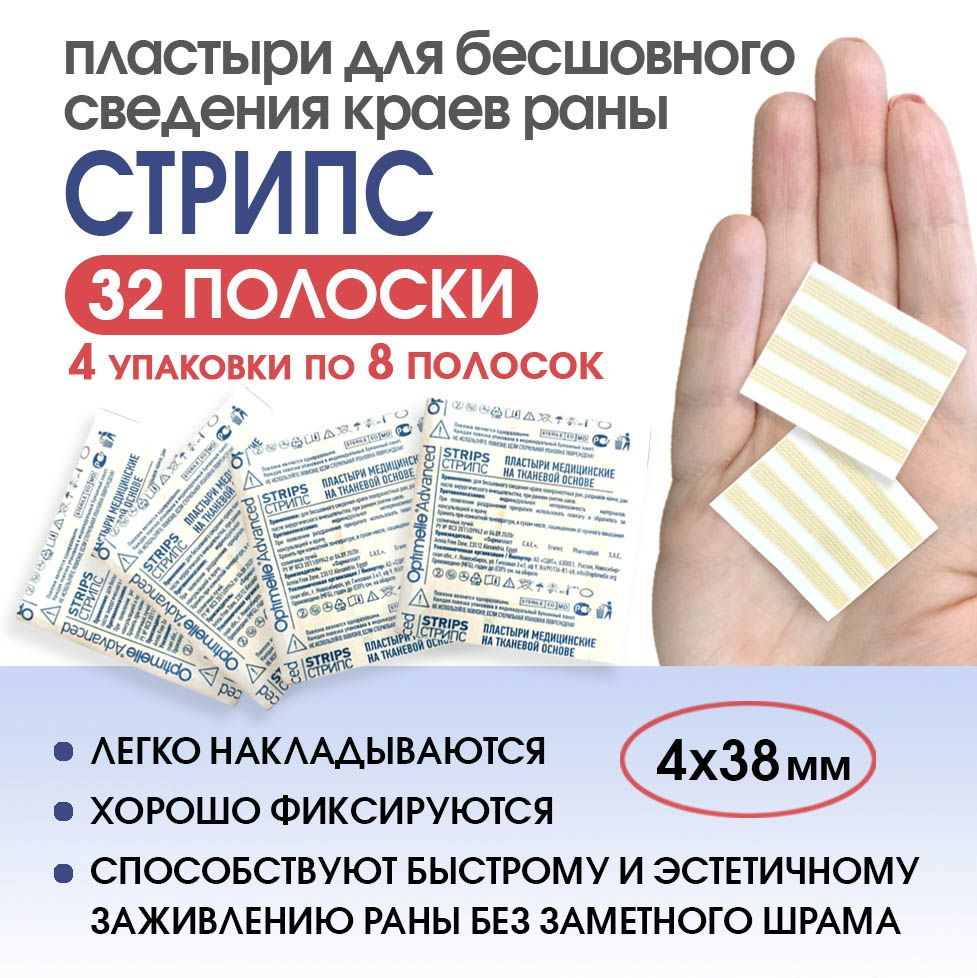 Пластырь для стягивания ран Optimelle Стрипс 4х38 мм, 32 полоски (4  упаковки по 8 полосок) - купить с доставкой по выгодным ценам в  интернет-магазине OZON (426143183)