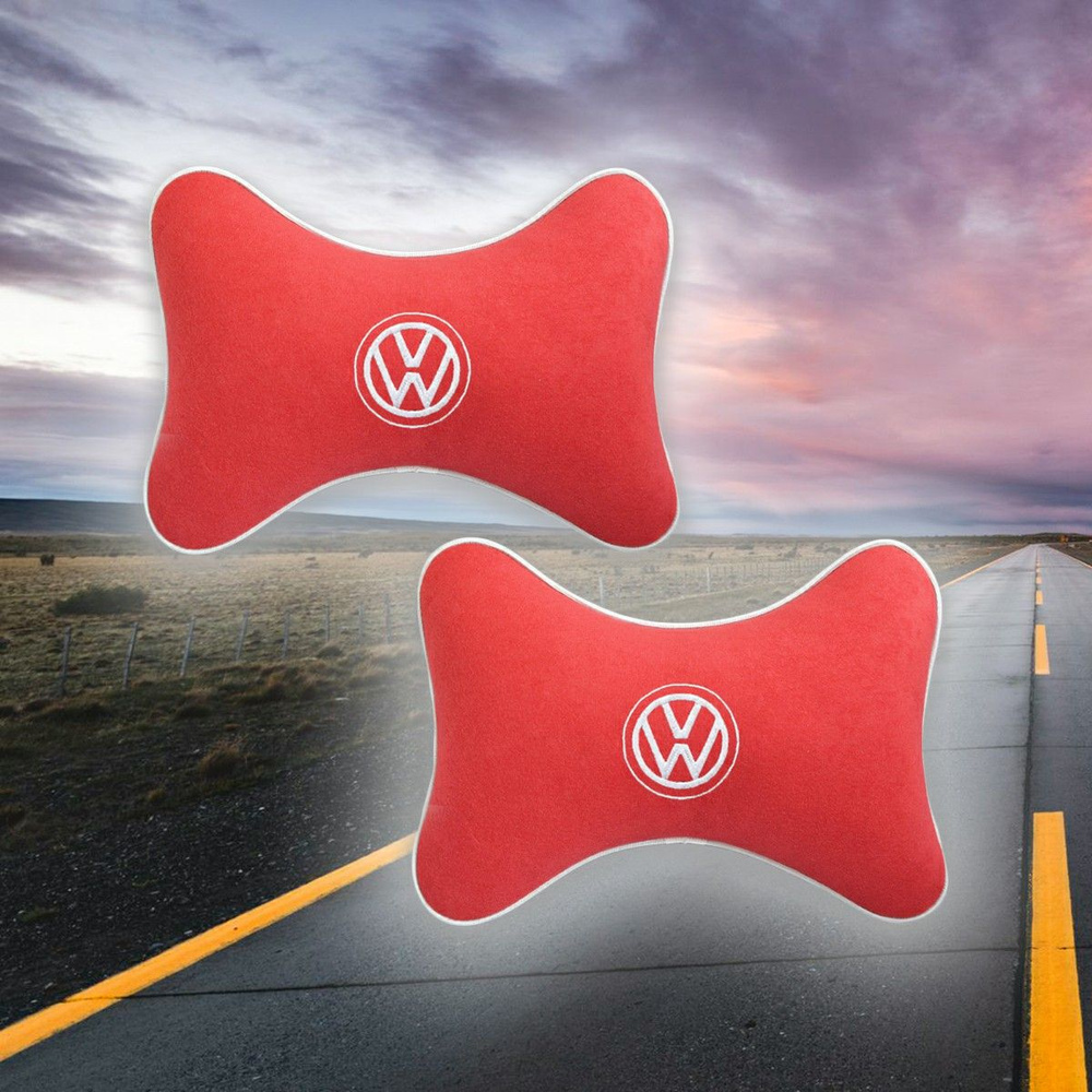 Автомобильная подушка под шею на подголовник из велюра красная с вышивкой для Volkswagen 2 штуки  #1