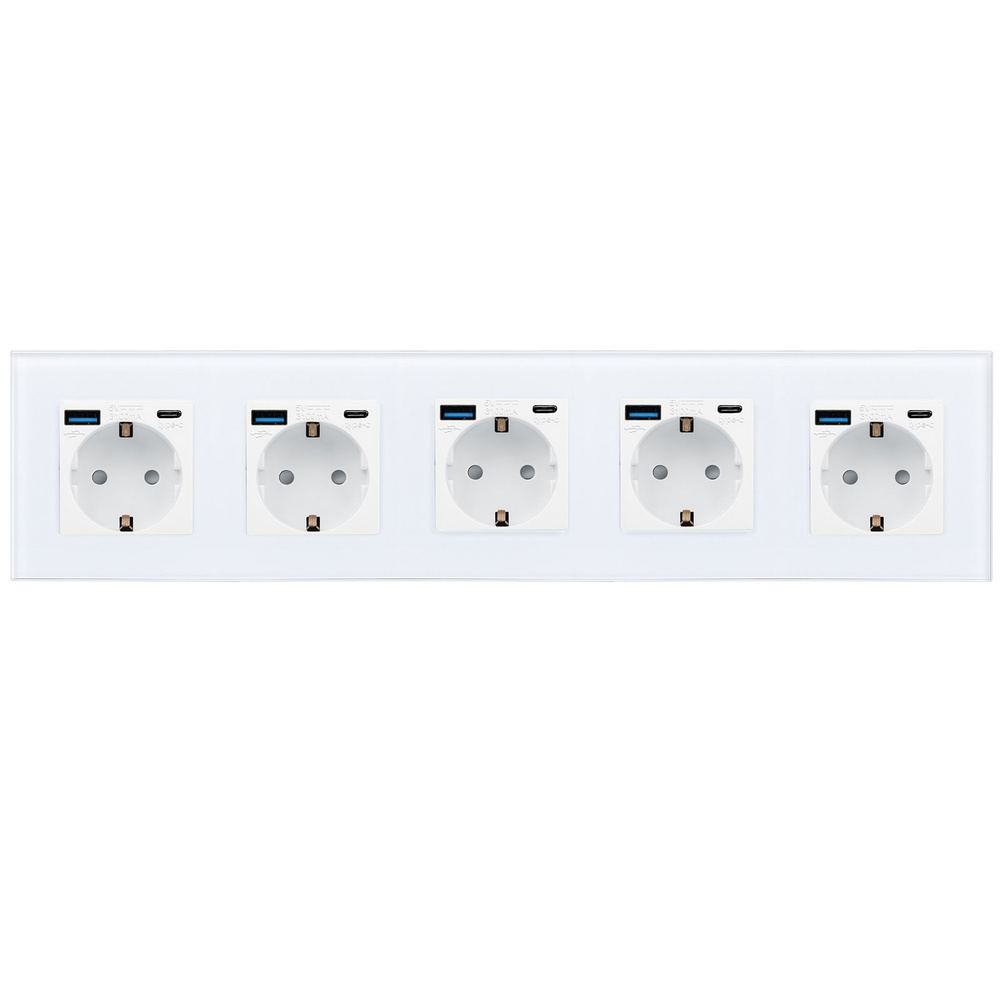 Розетка электрическая с USB/TYPE-C AC, 5 пост 16А, рамка 86*370mm стекло, 5 вольт,3.1A  #1