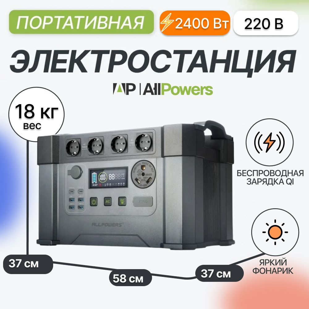 Туристический аккумулятор Allpowers S2000 PRO 220В, 1500Втч/ 405400mAh, зарядное устройство, внешний #1