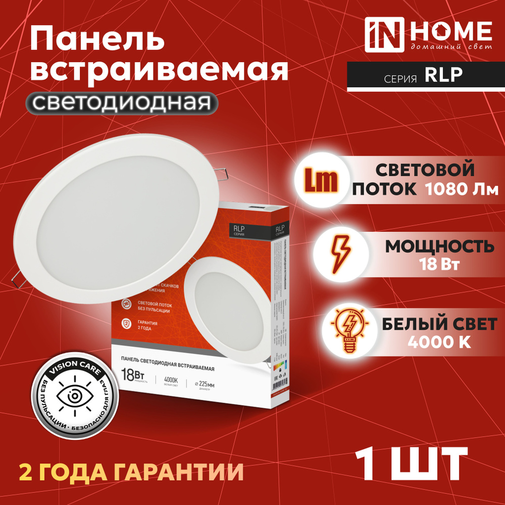 Панель светодиодная круглая RLP-eco 18Вт 230В 4000К 1080Лм 225/195мм белая IP40 IN HOME  #1