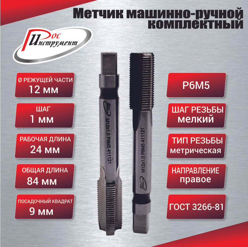 Метчик машинно-ручной М 12,0 х 1,0 комплектный 2 шт. ГОСТ 3266-81 Р6М5 #1