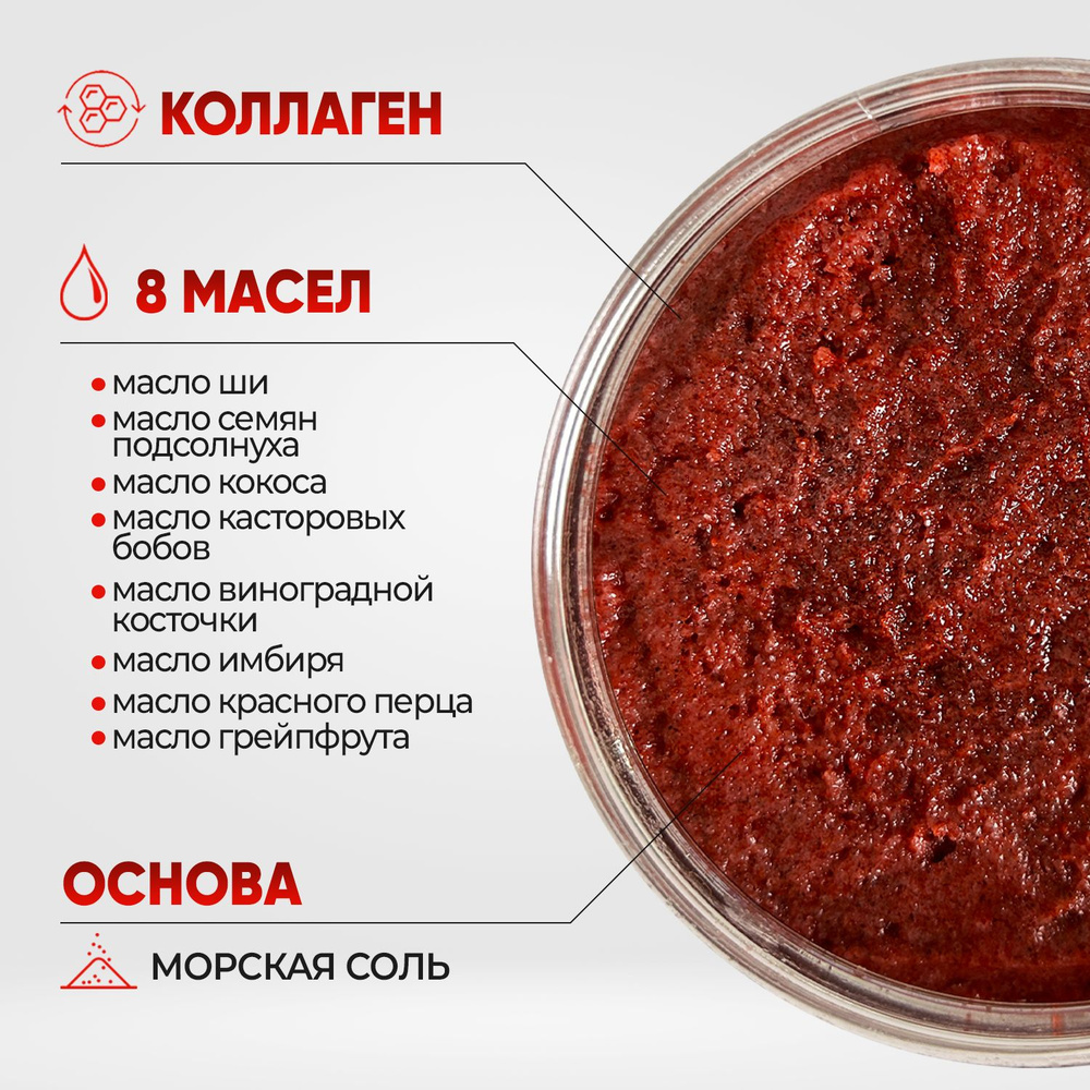 Скраб для тела антицеллюлитный соляной с маслами, против растяжек и  целлюлита, с перцем, ароматом грейпфрута, увлажнение и питание для тела