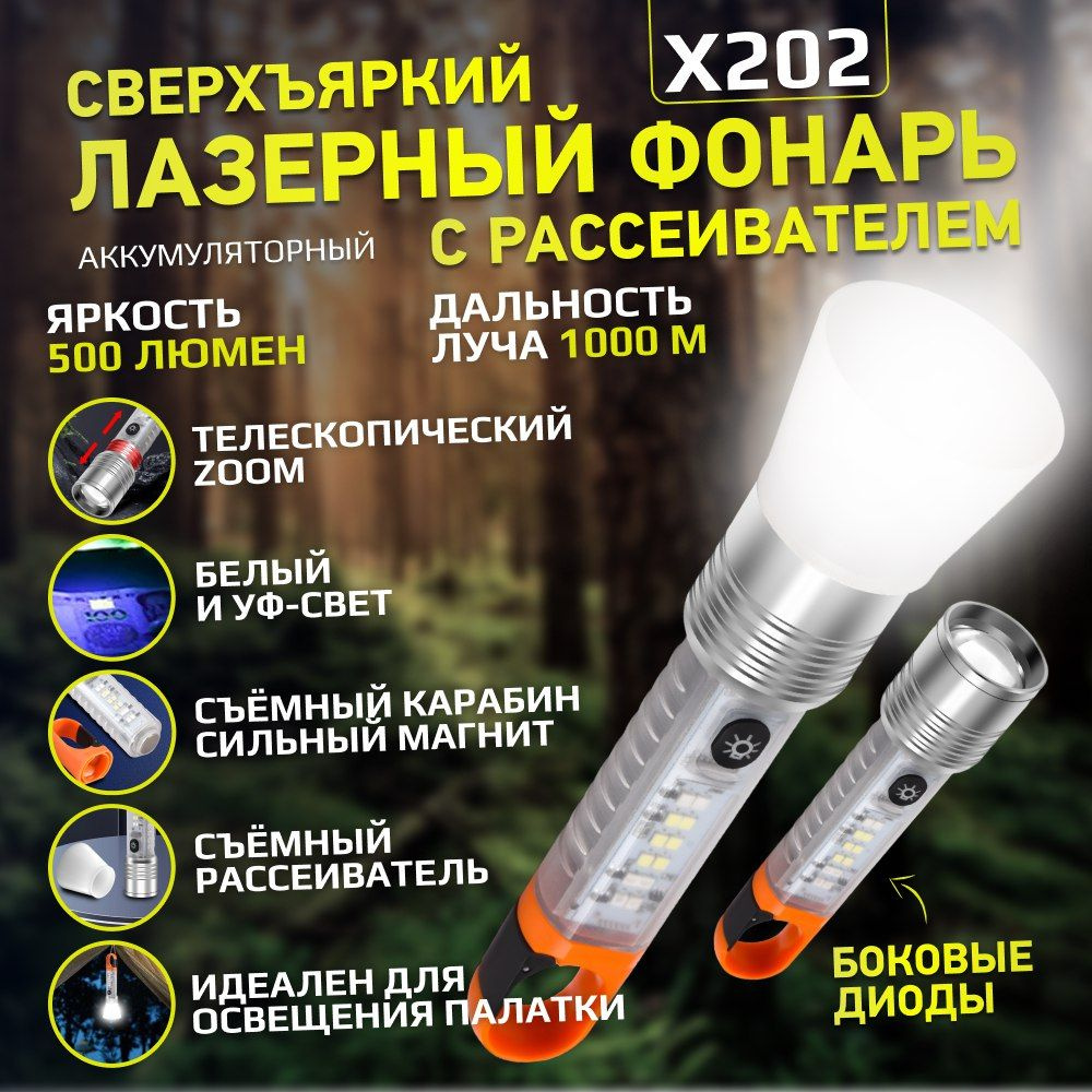 Фонарь ручной аккумуляторный лазерный светодиодный с зумом кепминговый ...