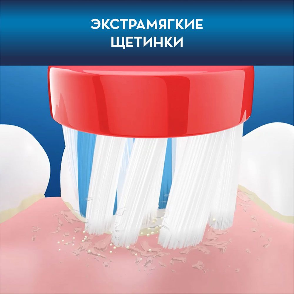  2 режима чистки: ежедневная и бережная чистка для деликатного ухода за полостью рта ребенка. Зубная щетка имеет уникальный режим «Бережная чистка» специально для деликатного ухода за полостью рта ребенка. Ультрамягкие щетинки и небольшая круглая головка, разработанная специально для детей. Экстрамягкие щетинки бережно воздействуют на детские десны. Небольшая круглая головка подходит для детского рта и удаляет гораздо больше налета по сравнению с обычной щеткой.