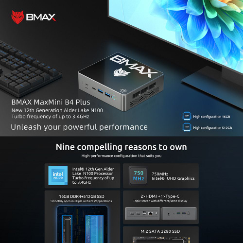 BMAX Мини-ПК B4 Plus N100 4 ядра и 4 потока (Intel Processor N100
