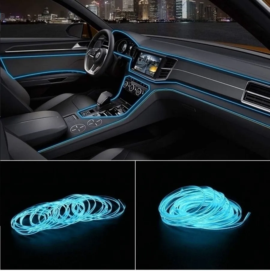 Неоновая нить для автомобиля, 5 м в USB, ледяной голубой (ice blue), светодиодная подсветка в салон автомобиля, неоновая лента в машину, 5 м, фото 2