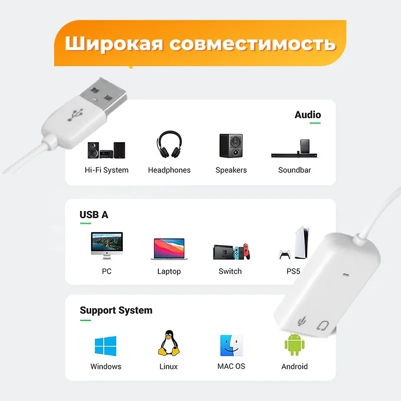 Внешняя звуковая карта USB Jack 3.5 микрофон наушники / для ноутбука, ПК, Mac, вариант, фото 3
