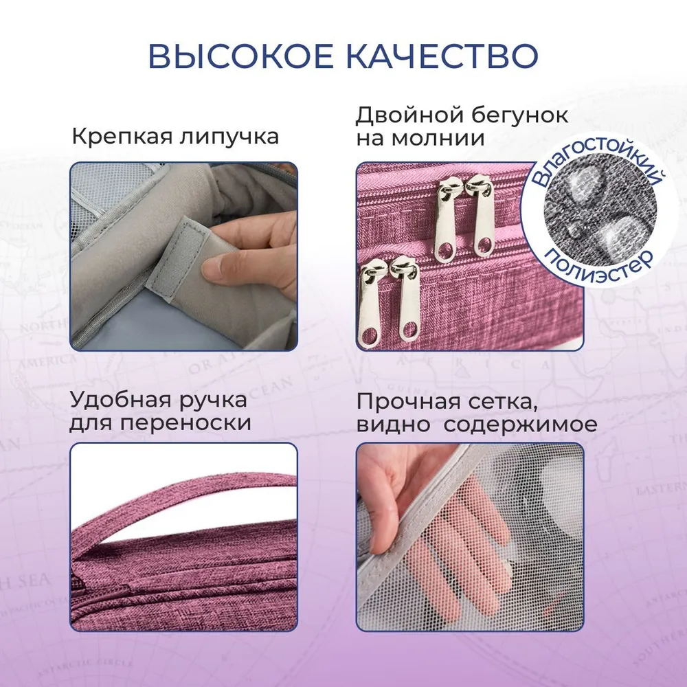 Дорожный органайзер 27х20х10см, синяя универсальная сумка мегабокс, 2 отдела на молнии для аккумулятора, зарядного устройства, павербанка, проводов, аптечки, сумки для косметики в чемодан или рюкзак, 27x20x10 см, фото 6