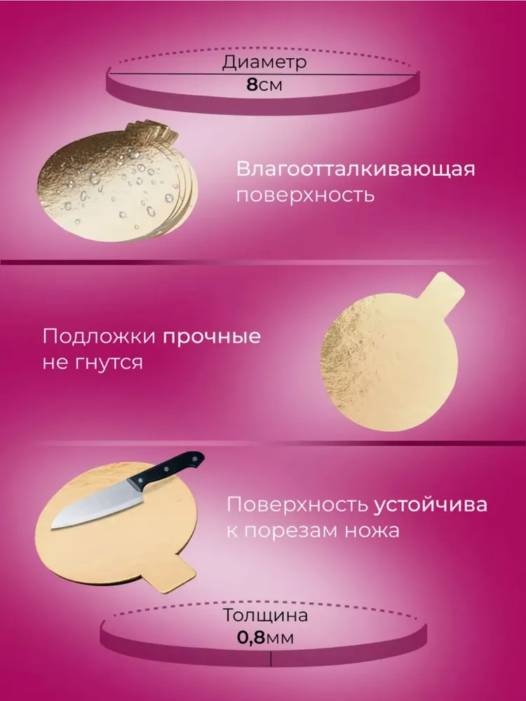 Подложки для пирожных Время печь, круглая сольерка с держателем золотая диаметр 8см, 100 штук., золотой, фото 3