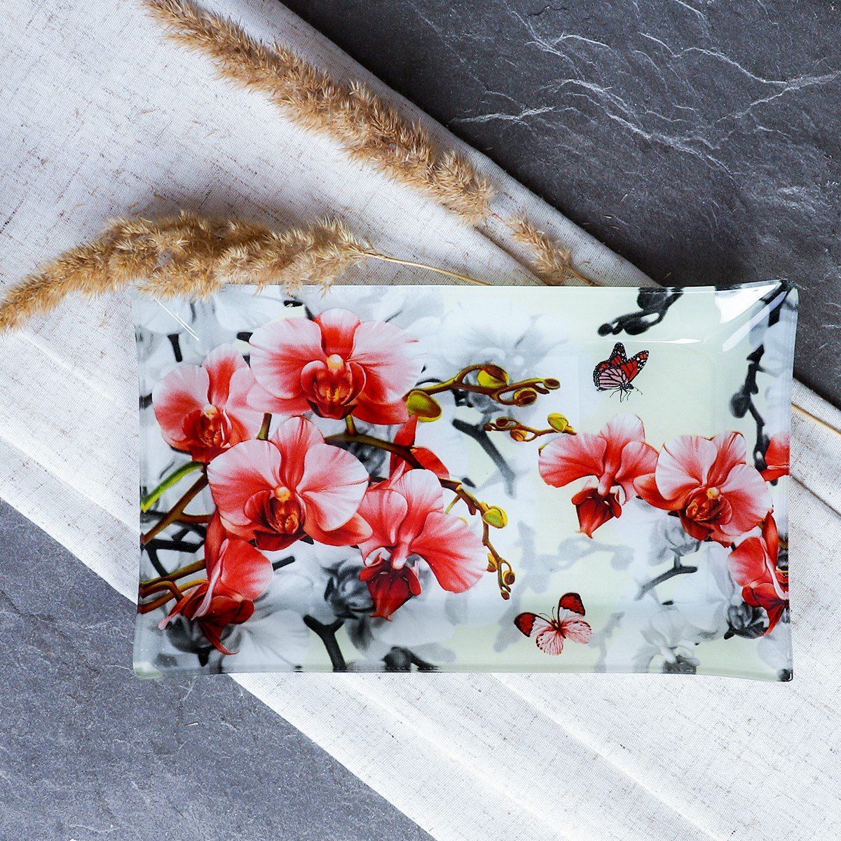 Блюдо сервировочное стеклянное прямоугольное "Орхидея " 23х14 см — фото 2