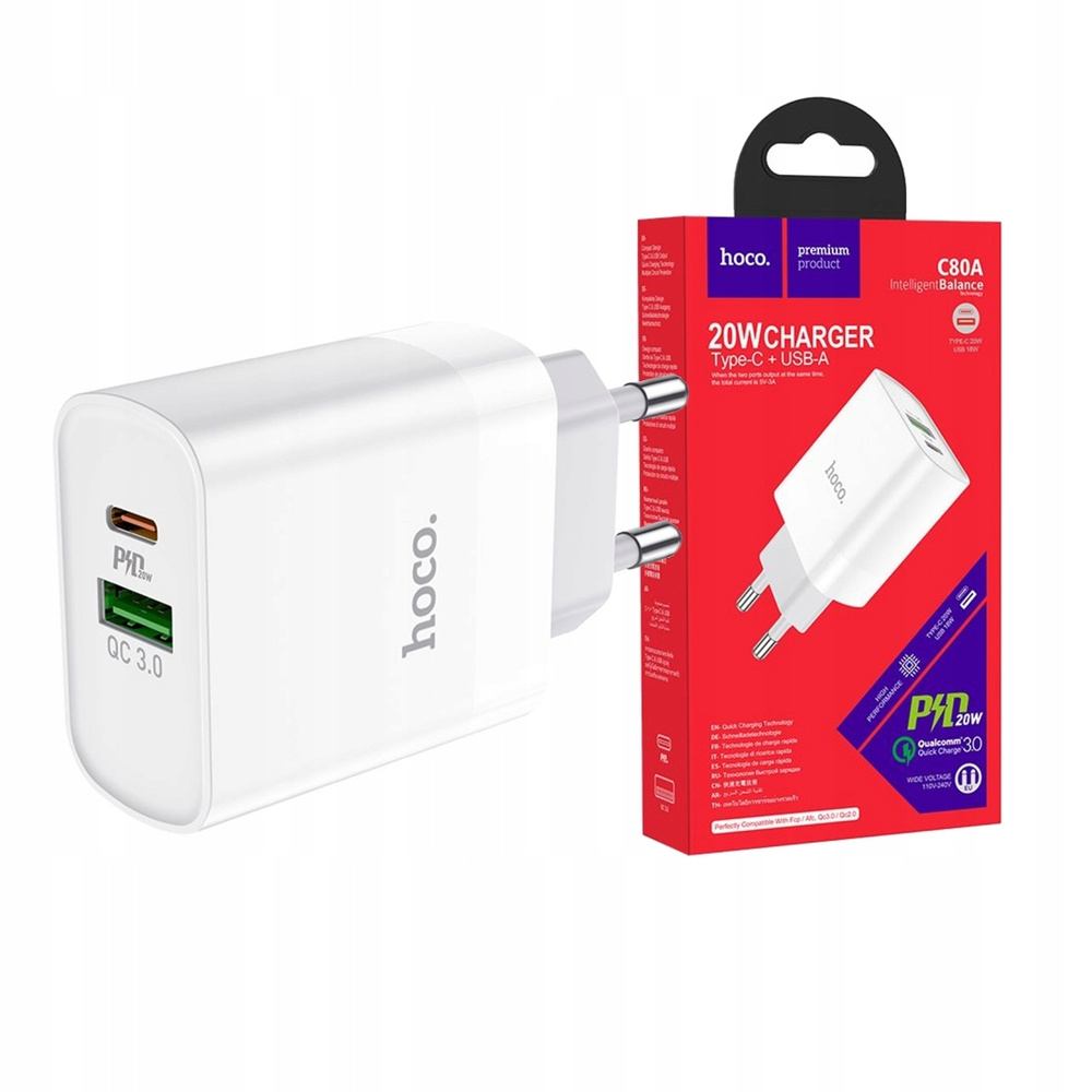 Сетевое зарядное устройство hoco C80A, 20 Вт, USB Type-C, USB 3.0 Type-A,  Quick Charge 3.0, Power Delivery - купить по выгодной цене в  интернет-магазине OZON (446208399)