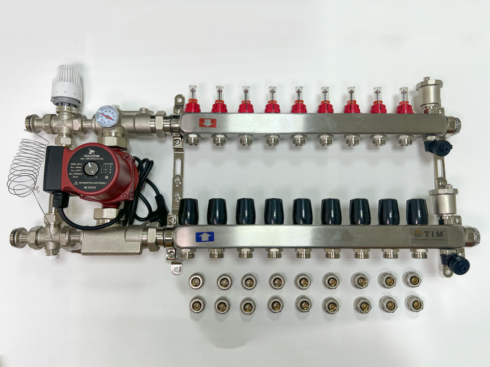 Комплект для водяного теплого пола с насосом: Коллектор 9 выхода с расходомерами + смесительный узел #1
