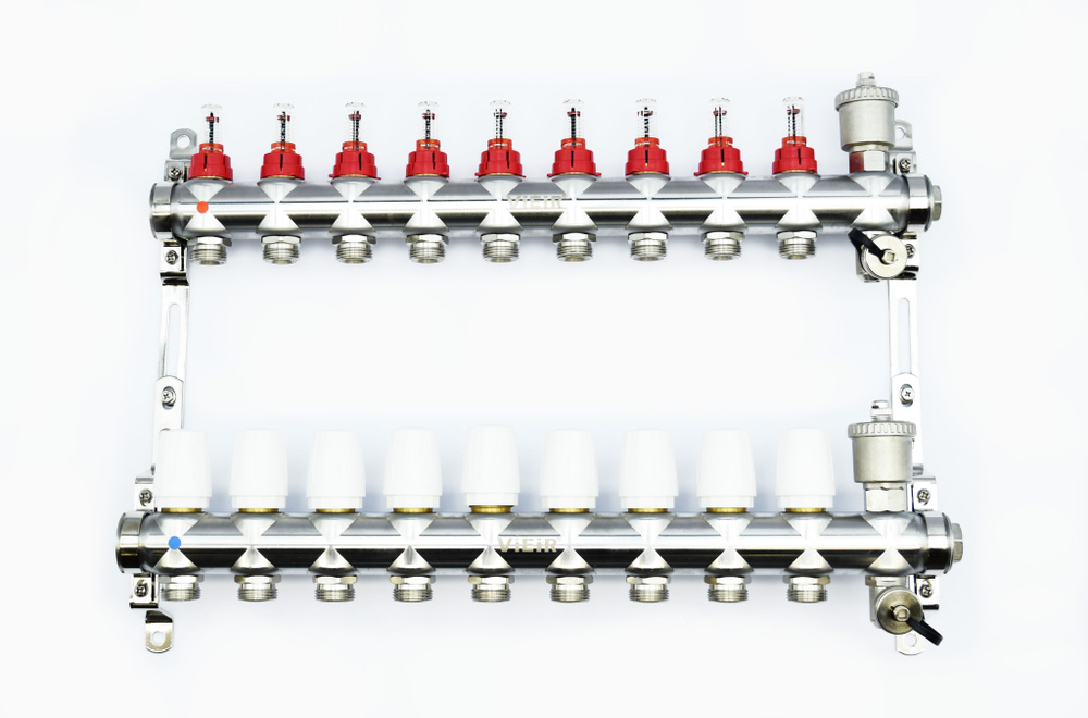 Коллектор для теплого пола 9 выходов НЕРЖ. в сборе распеределительный с расходометрами 1"x3/4" VIEIR #1