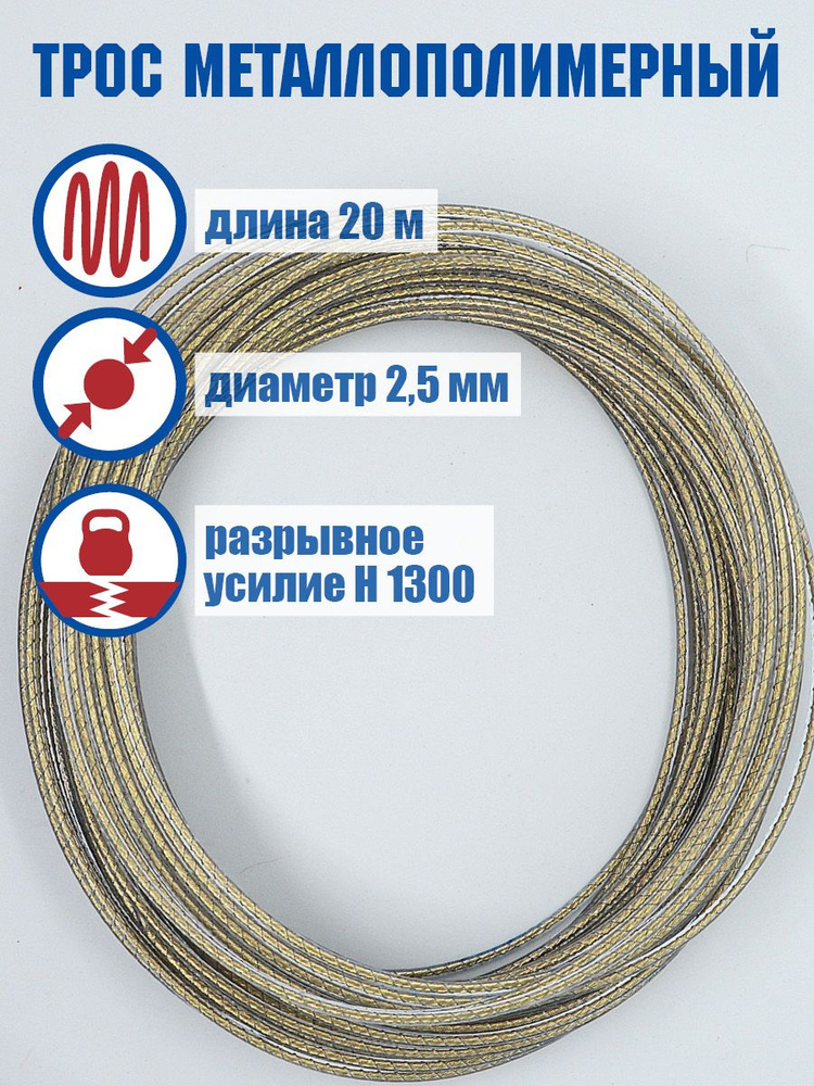 Трос металлополимерный 2,5мм х 20м (веревка бельевая) #1