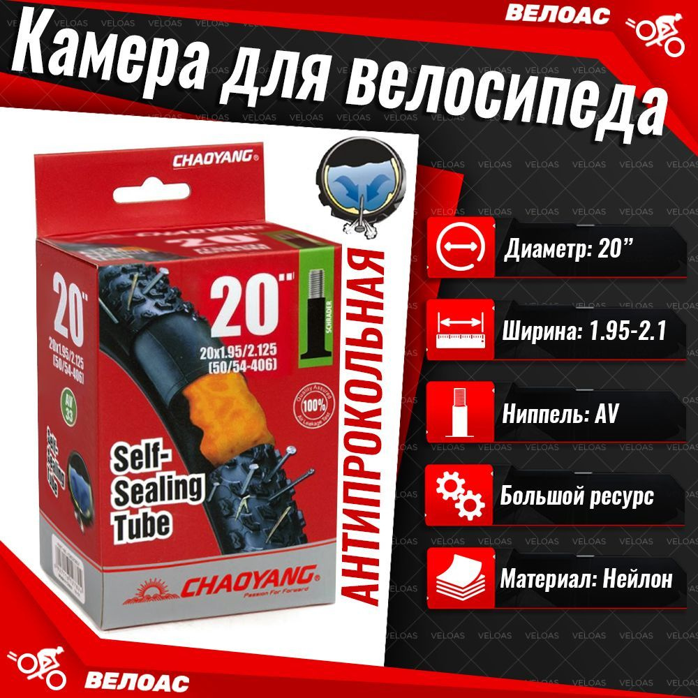 Камера для велосипеда CHAOYANG 20х1.95-2.125, автомобильный ниппель (AV ...