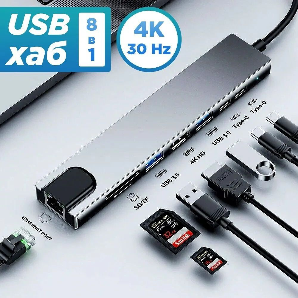 8 in 1 usb hub type c 3.0 Разветвитель thunderbolt док станция с 4K HDMI,TF  SD картридер,для ipad,Macbook air - купить с доставкой по выгодным ценам в  интернет-магазине OZON (853380184)