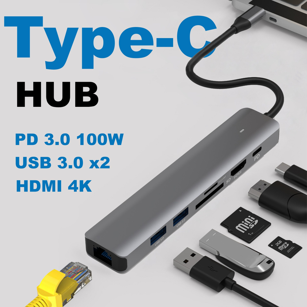 USB hub концентратор. Док-станция USB-C. Card reader для ноутбука, ПК,  телефона, macbook, компьютера. Разветвитель портов Хаб type-c PD3.0 100W,  ethernet HDTV SD/TF LAN HDMI USB 3.0x2 - купить с доставкой по выгодным