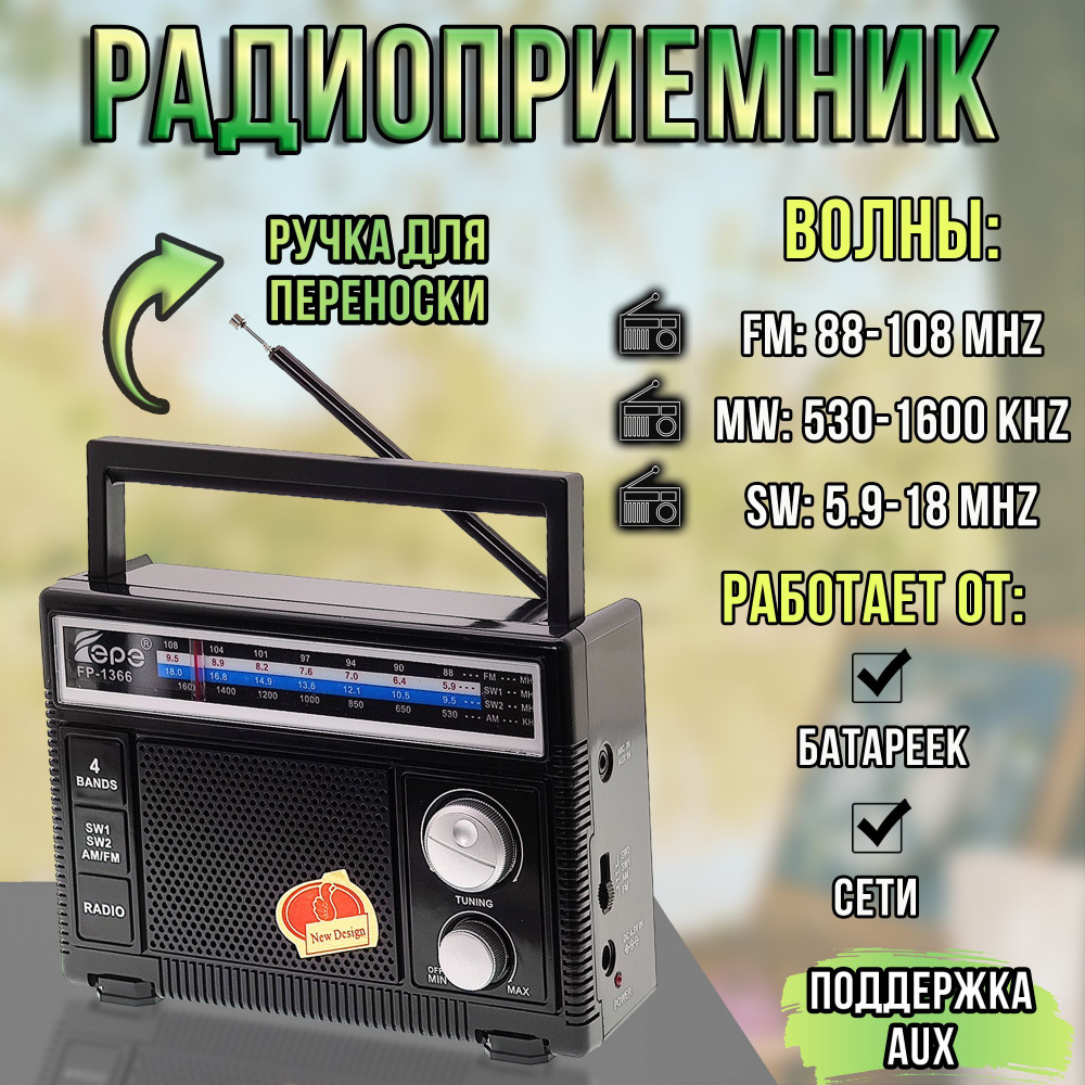 Радиоприемник переносной портативный / приемник радио от сети и батареек / FM, MW, SW / поддержка AUX #1