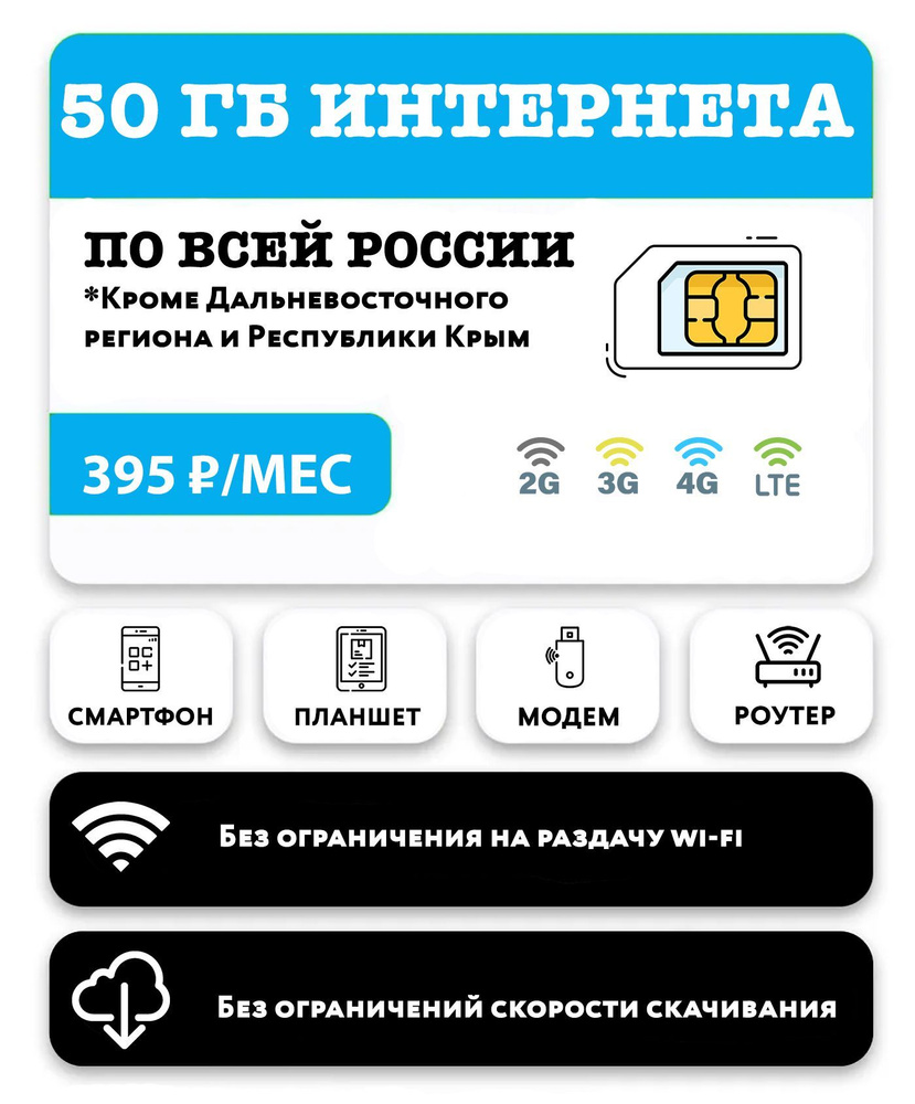 WHYFLY SIM-карта с 50 гб интернета 3G/4G/LTE за 395 руб/мес (модемы,  роутеры, планшеты) + в тариф включена раздача (Вся Россия) (Вся Россия) -  купить с доставкой по выгодным ценам в интернет-магазине OZON (