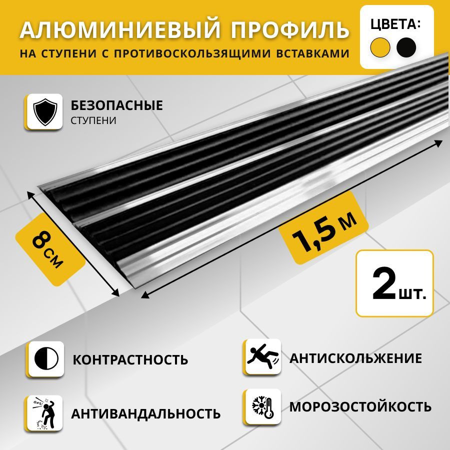 Алюминиевый двойной профиль на ступени СТЕП 80 мм, черный, длина 1,5 м. Комплект 2 шт. / Противоскользящая #1