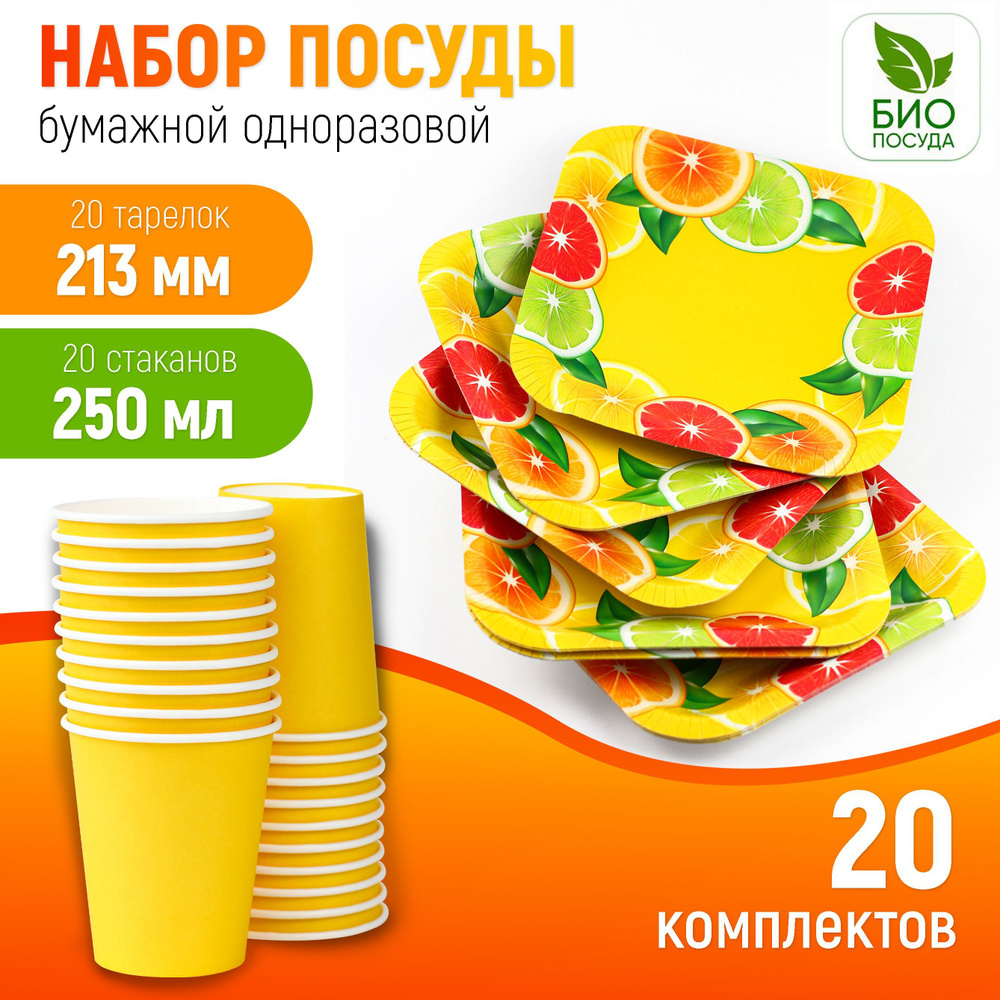 Посуда одноразовая бумажная, набор 20 комплектов, экопосуда из картона ...