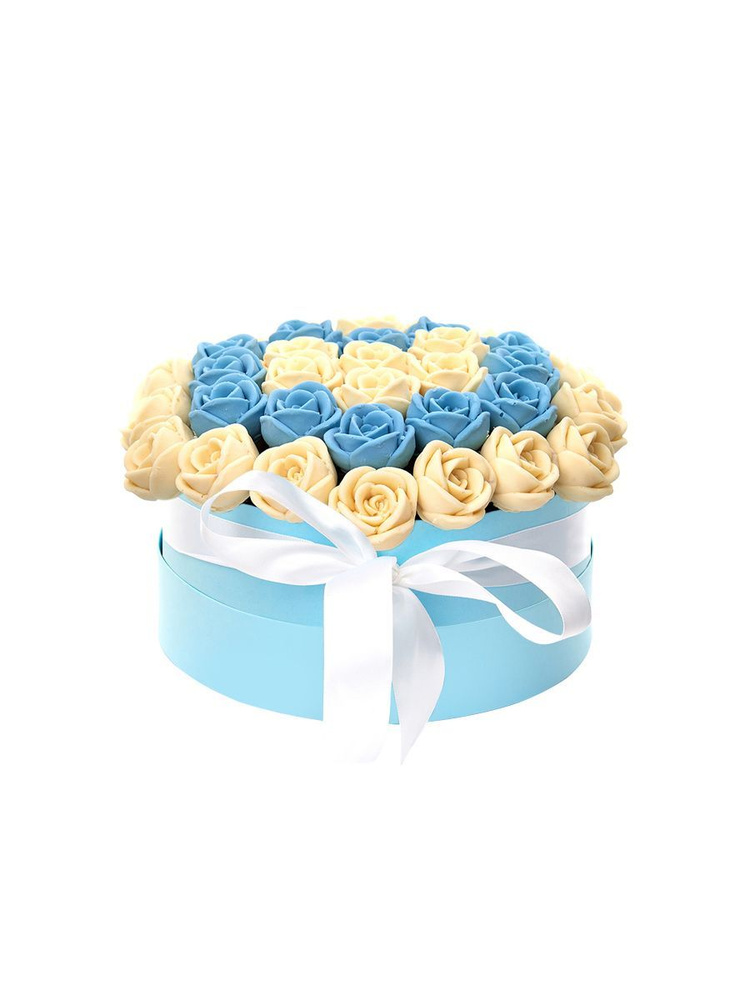 Шоколадные съедобные сладкие розы 51 шт. CHOCO STORY в Голубой Шляпной коробке: Белый и Голубой Бельгийский #1