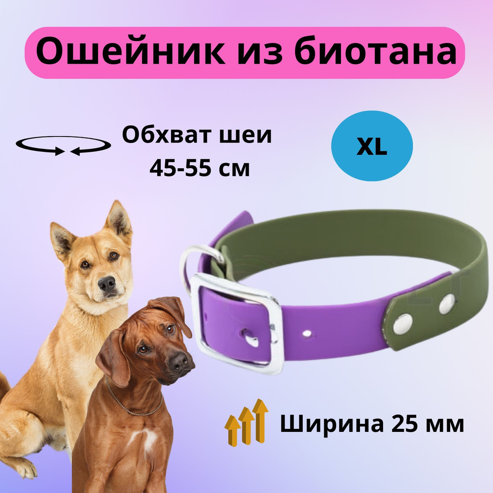 Ошейник из биотана Моськи-Авоськи, размер XL, ширина 25 мм, длина 45-55 см, цвет хаки/фиолетовый  #1