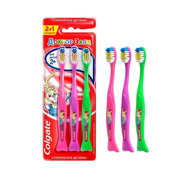 Зубные щетки Colgate "Доктор Заяц", детские, от 2 лет, супермягкие, 3 шт  #1