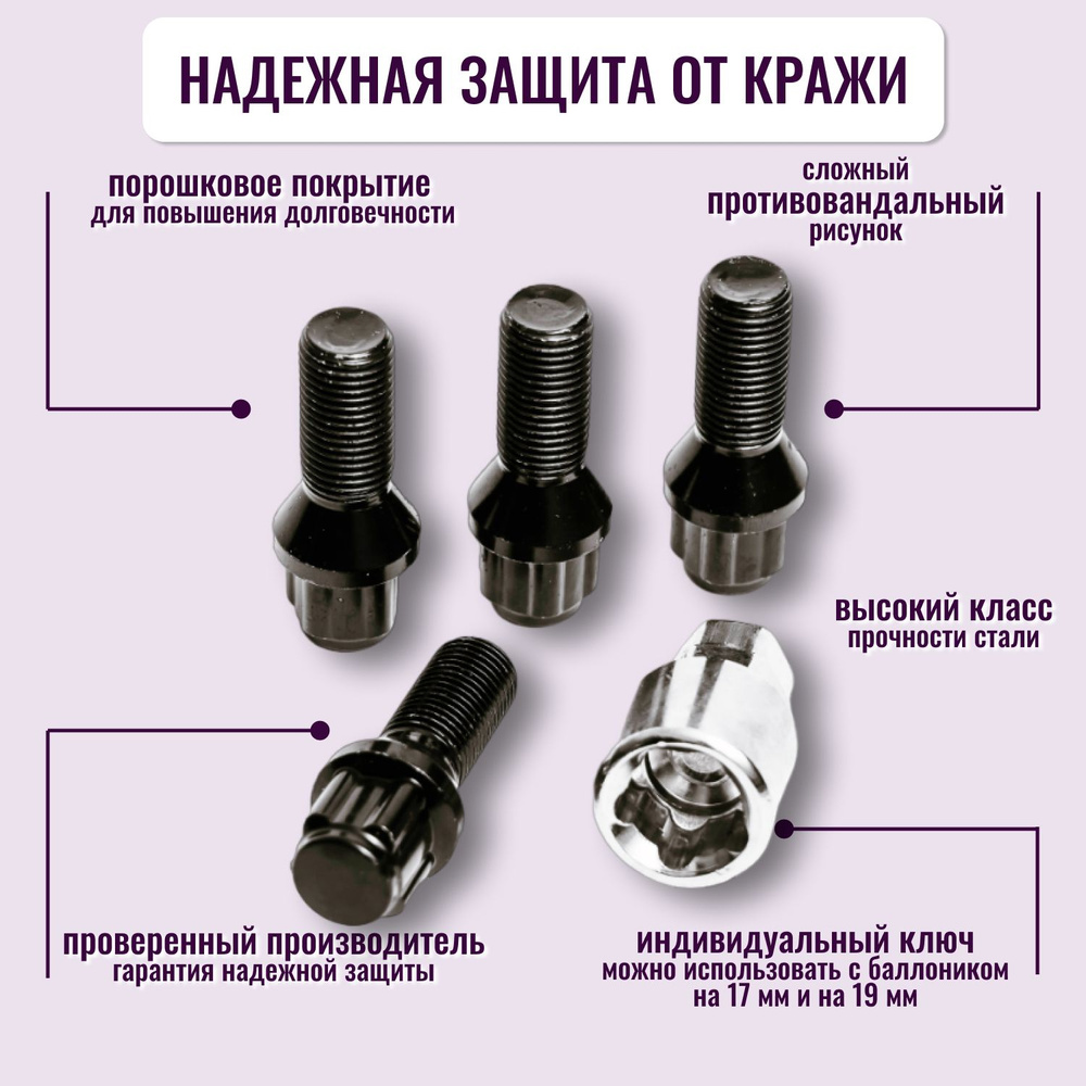 Болты секретки м14х1,5*28мм чёрные /секретные болты для литых дисков