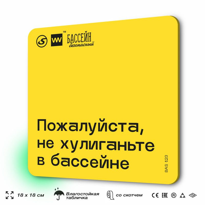 Табличка с правилами бассейна "Не хулиганьте" 18х18 см, пластиковая, SilverPlane x Айдентика Технолоджи #1