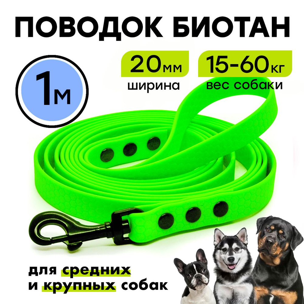 Поводок биотановый 1 м, ширина 20 мм, Woofy "Iron ", для крупных и средних собак, водостойкий, зеленый #1