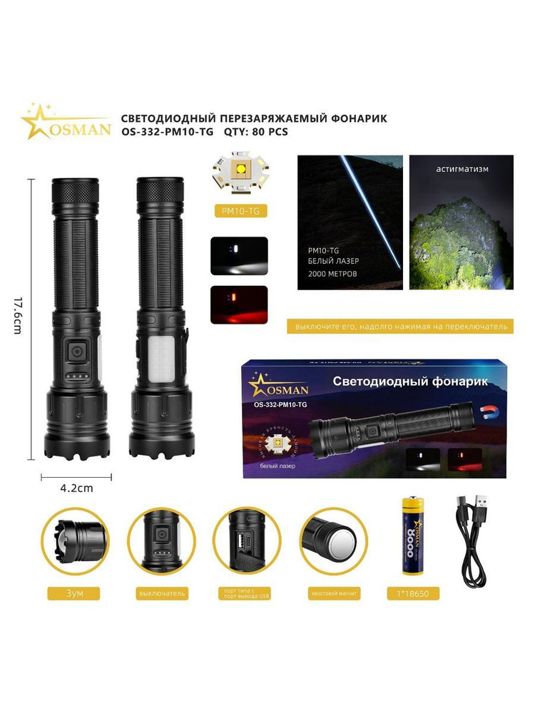 Светодиодный перезаряжаемый фонарик OS-332-PM10-TG - купить с доставкой ...