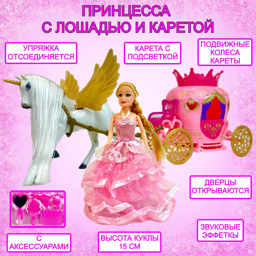 Игровой набор СКАЗОЧНОЕ КОРОЛЕВСТВО (Карета с лошадью + 3 куклы) в коробке ZHORYA ZYB-B0199-2