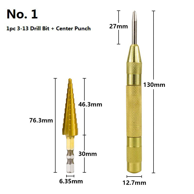 Ступенчатое сверло елочка по металлу и дереву 3-13, Желтый центральный пуансон, титановое покрытие, 2шт. #1