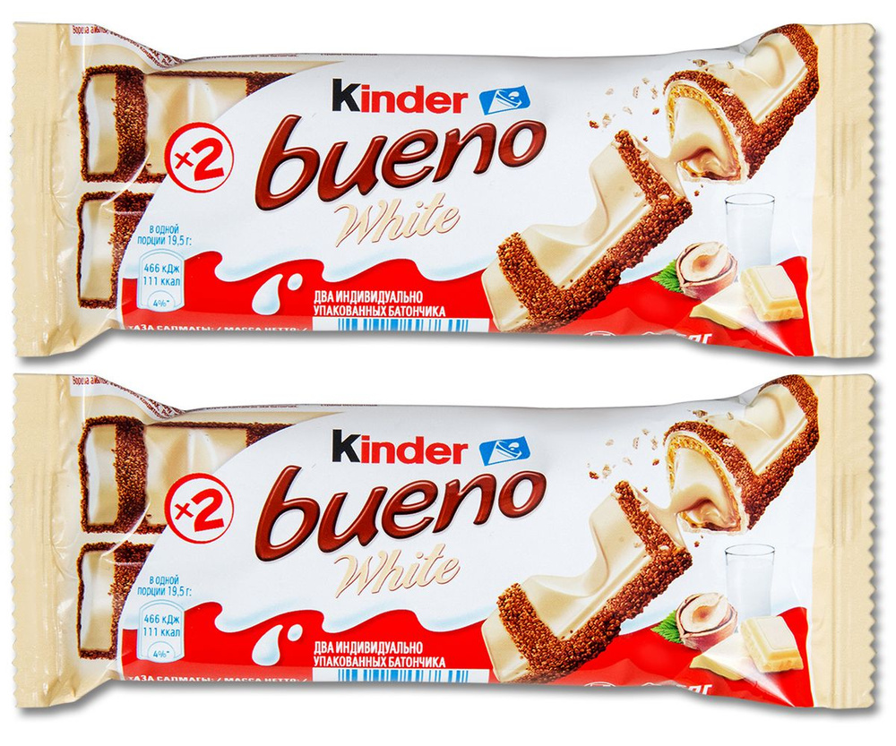 Киндер Буэно вафельный батончик Kinder Bueno White вафли с молочно-ореховой начинкой, 39 г, 2 шт.  #1