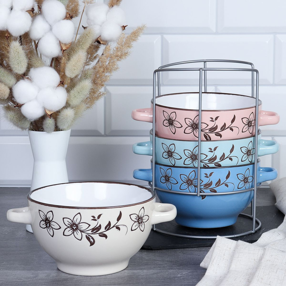 Супница 750 мл с ручками, 4 штуки на металлической подставке - купить с ...