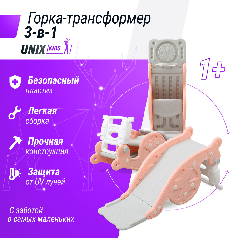 Горка-трансформер 3 в 1 со спуском 95 см UNIX Kids Rose из пластика, игровой  комплекс: горка + качалка-балансир + баскетбольная стойка, для дома и  улицы, 100х42х45 см, розовый - купить с доставкой