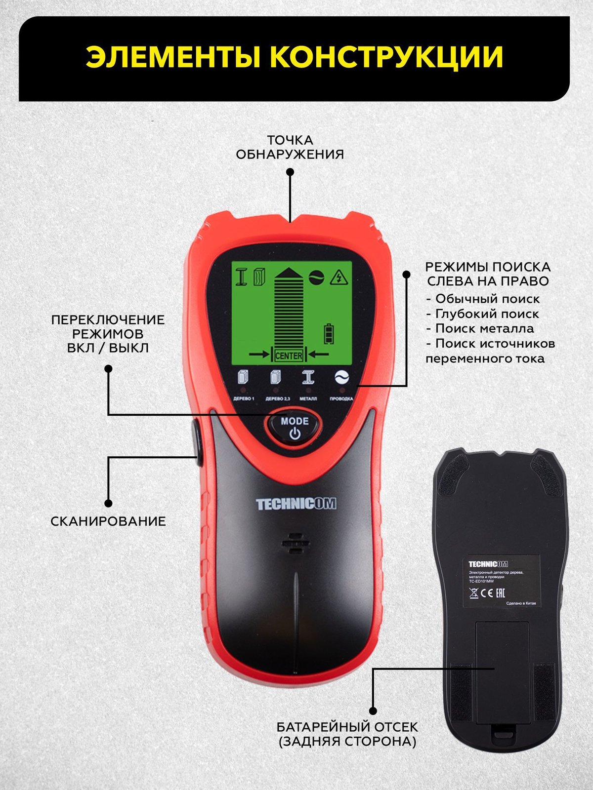 Электронный детектор древесины, металла и проводки TECHNICOM TC-ED101MW ...