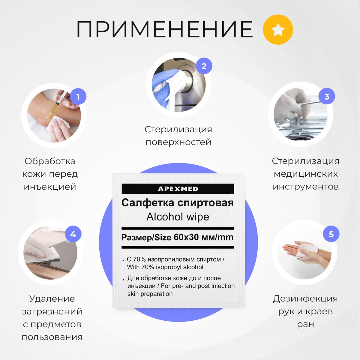 Спиртовые салфетки Apexmed антисептические, 60х30, 200 шт, медицинские ...