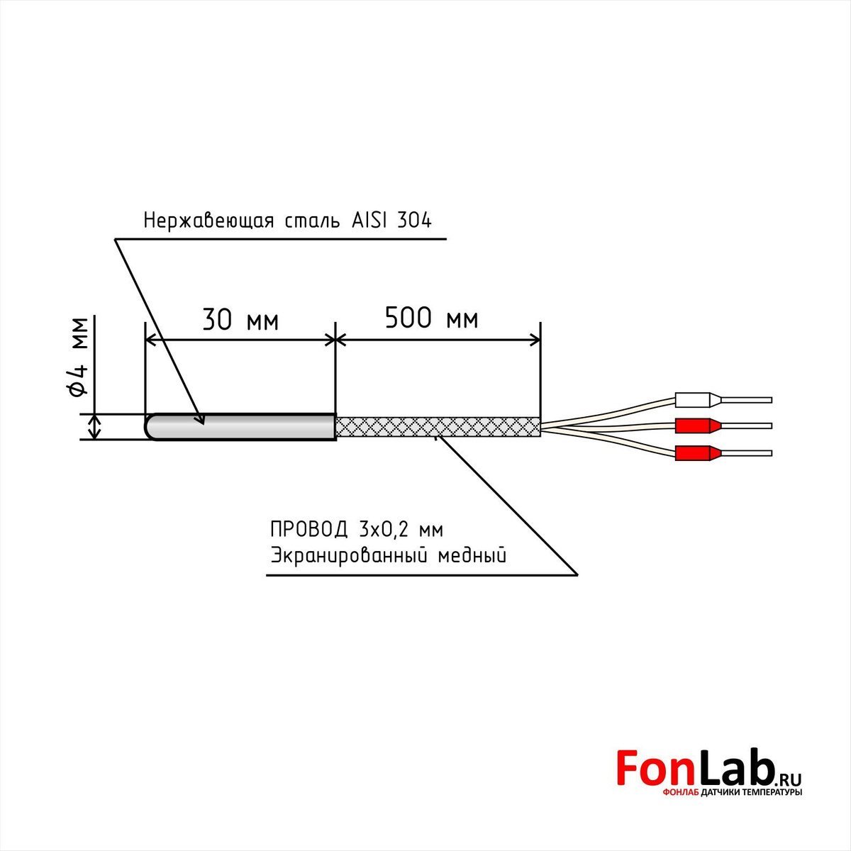 Датчик температуры PT100 4x30 мм. кабель 0,5 метра -60...+300C - купить ...
