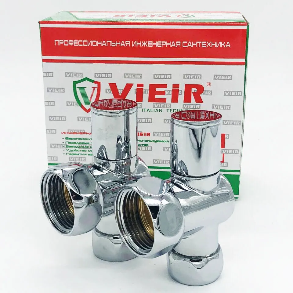 Угловой кран для полотенцесушителя хромированный VIEIR 3/4" х 1" (гайка х гайка), ручка круглая, вариант