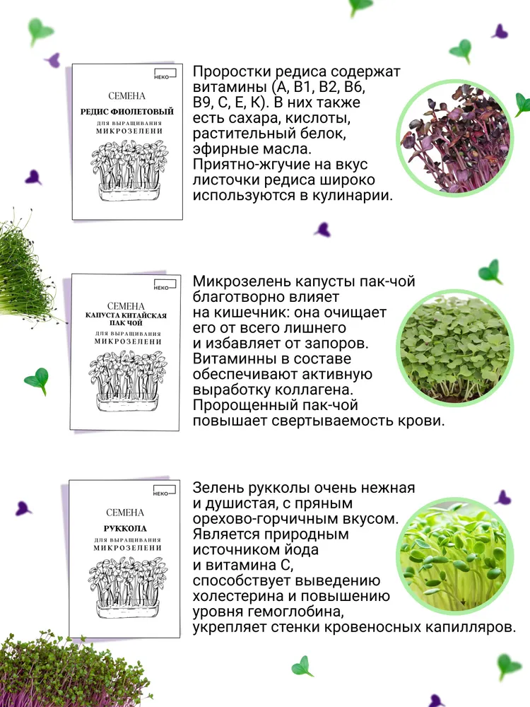 Набор для выращивания "Семена Микрозелень + джутовые коврики" (6 пакетов + 6 джутовых коврика) НЕКО, вариант, фото 3