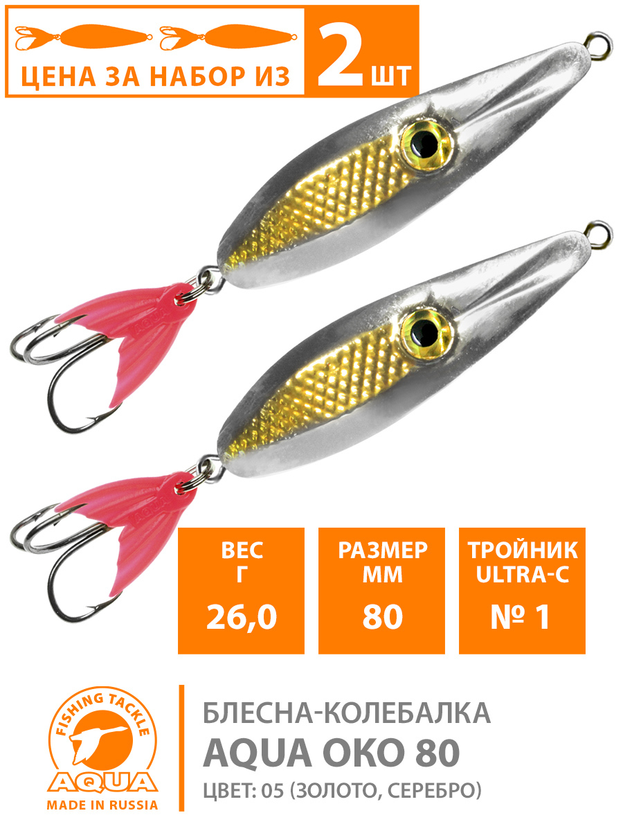 БлеснадлярыбалкиколебалкаAQUAОко80mm26g.Приманкадляспиннинганащуку,судака,окуняцвет05(2шт)