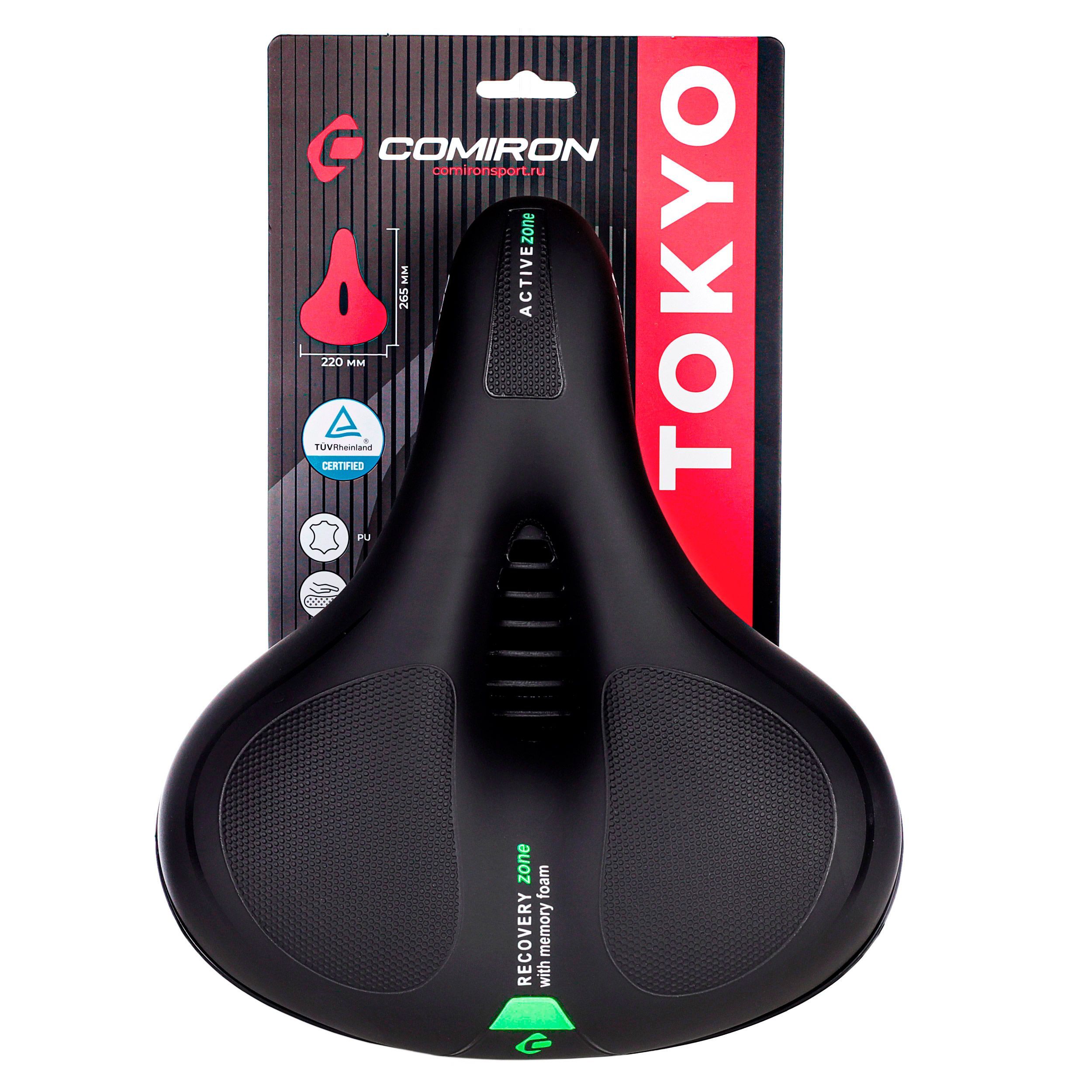 Седло велосипедное комфортное COMIRON TOKYO C012 265x220, технологии: ED, MEMORY FOAM, полиуретан с пресс. принтом, чёрный, зелёный Седло велосипедное комфортное COMIRON TOKYO C012 265x220, технологии: ED, MEMORY FOAM, полиуретан с пресс. принтом, чёрный, зелёный