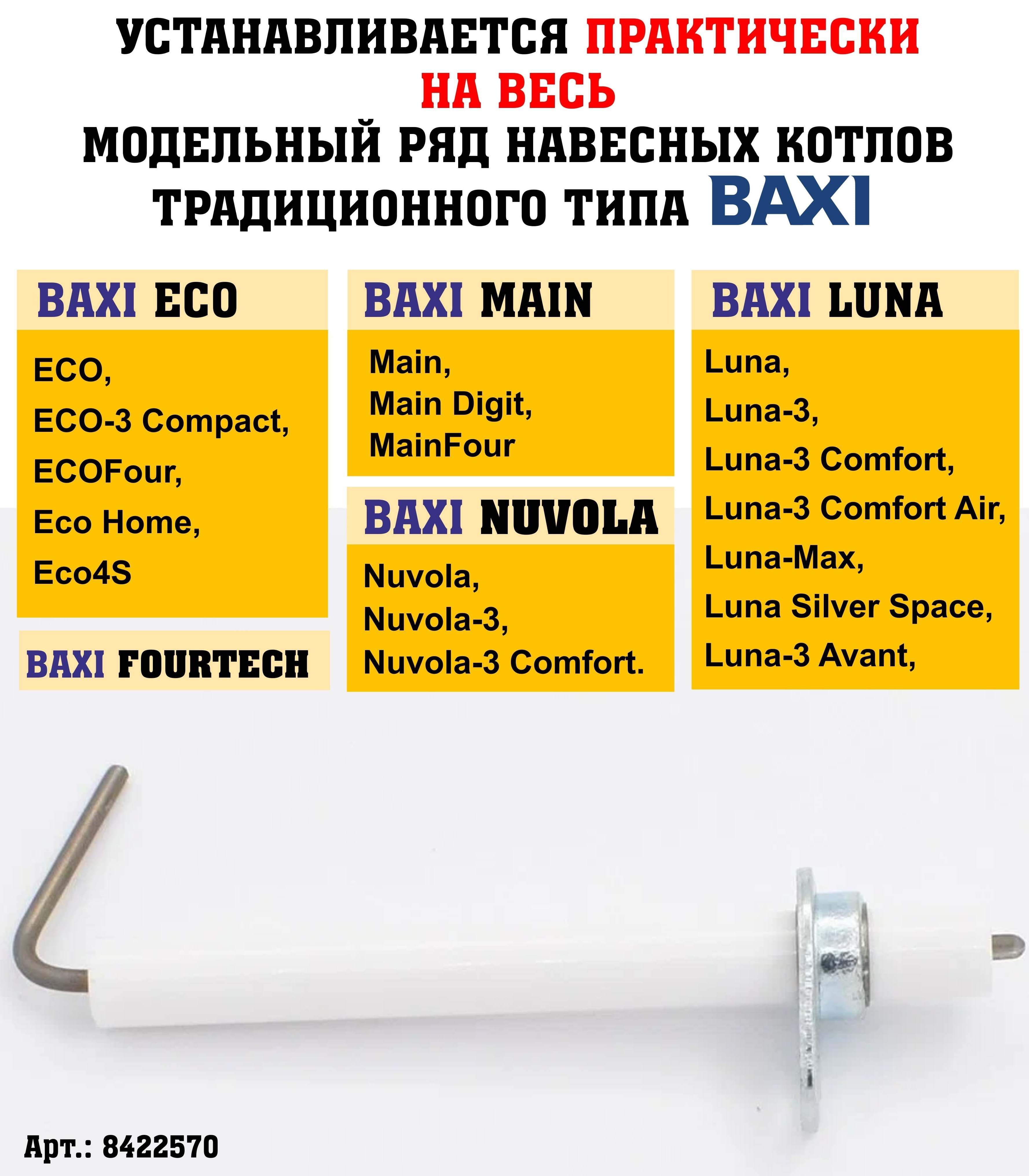 Запчасти и аксессуары для котлов BAXI Электрод розжига 8422570 - купить ...