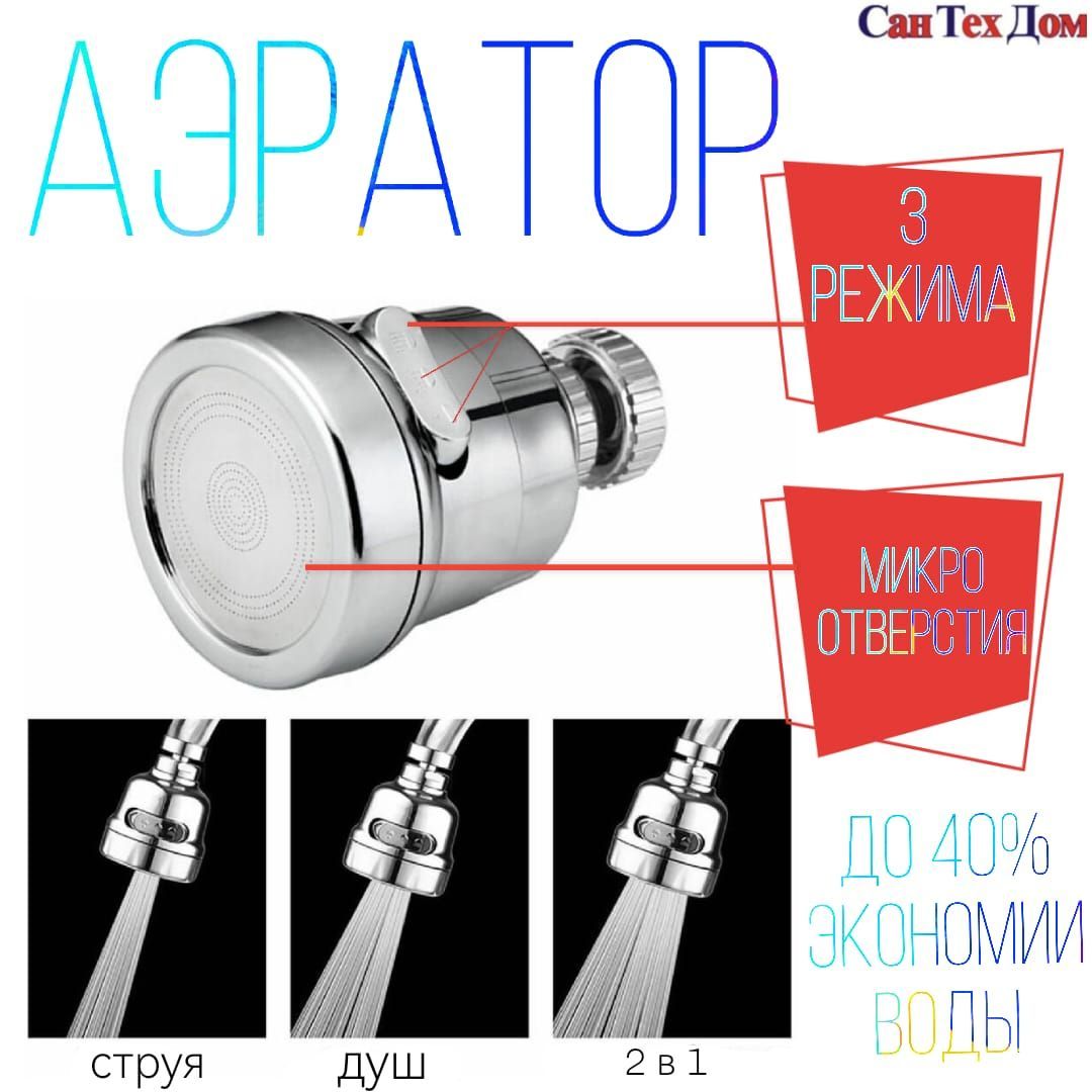 Аэратор для смесителя, 3 режима, с переключением, хром, с регулировкой  положения (насадка на кран) - купить в интернет-магазине OZON по выгодной  цене (1217560838)