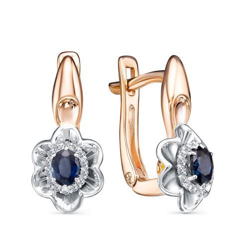 АЛЬКОР Золотые серьги 585 женские с 2 сапфирами и 28 бриллиантами ...